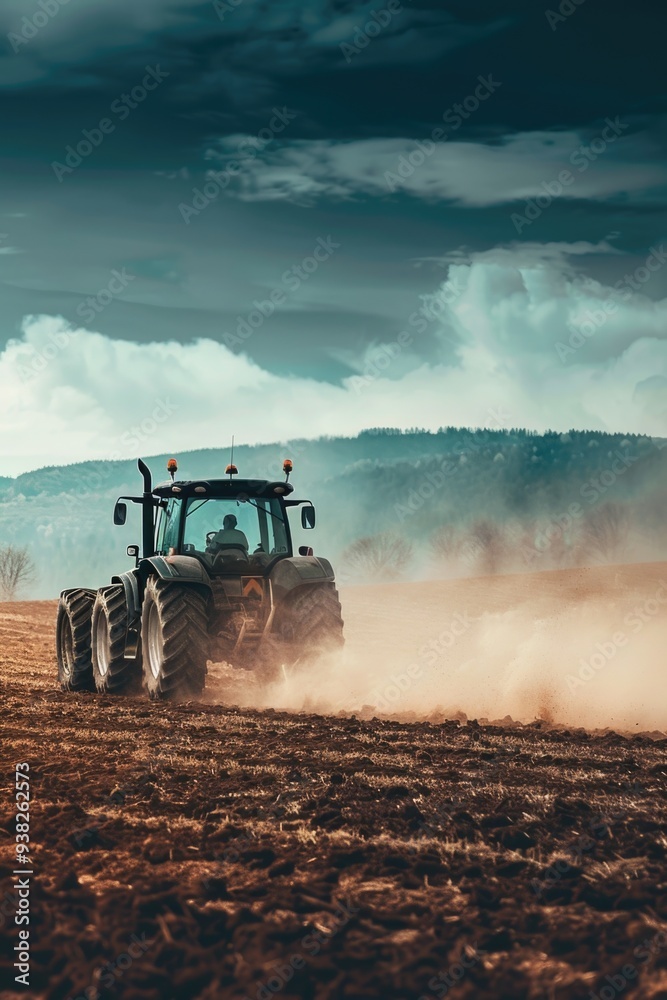Fototapeta premium Agricultural machine tilling soil under overcast sky