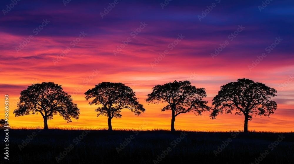 Dark silhouettes of trees outlined by a vibrant sunset, casting a serene and peaceful glow over the landscape. Dark silhouettes of trees outlined by a vibrant sunset, casting a serene and peaceful glow over the landscape.