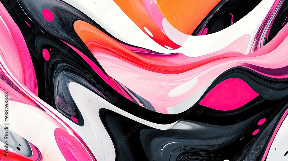 Dynamic abstract design with fluid pink, black, and white shapes, radiating vibrant energy and movement. Dynamic abstract design with fluid pink, black, and white shapes, radiating vibrant energy and movement.