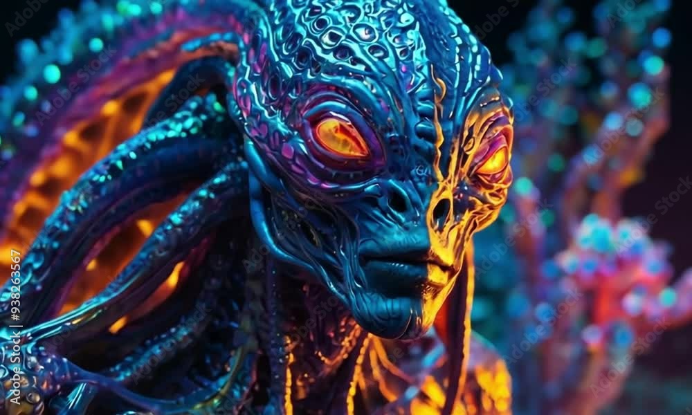 cosmic alien creature, its bioluminescent body radiating swirling neon hues and intricate patterns cosmic alien creature, its bioluminescent body radiating swirling neon hues and intricate patterns