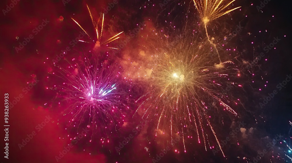 Fototapeta premium Explosive display of colorful fireworks lighting up the night sky, capturing the celebration's spirit.