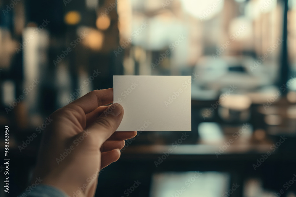 Business card in hand with blurry bokeh background Business card in hand with blurry bokeh background