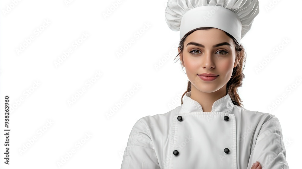 Female chef in uniform, exuding confidence, with a white background perfect for branding. Female chef in uniform, exuding confidence, with a white background perfect for branding.