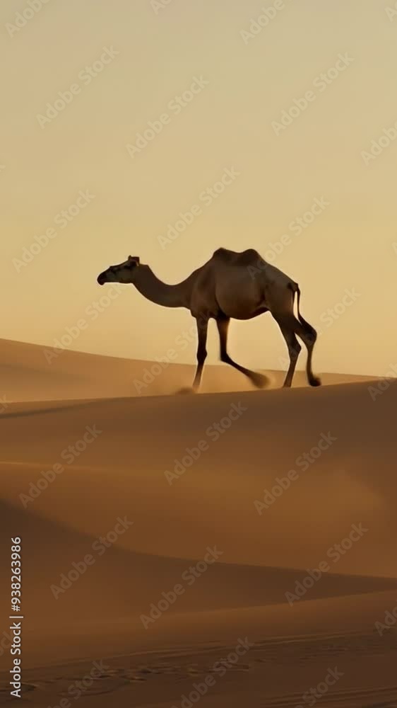 Vertical Dromedary camel traverses the undulating sand dunes of a desert landscape Vertical Dromedary camel traverses the undulating sand dunes of a desert landscape