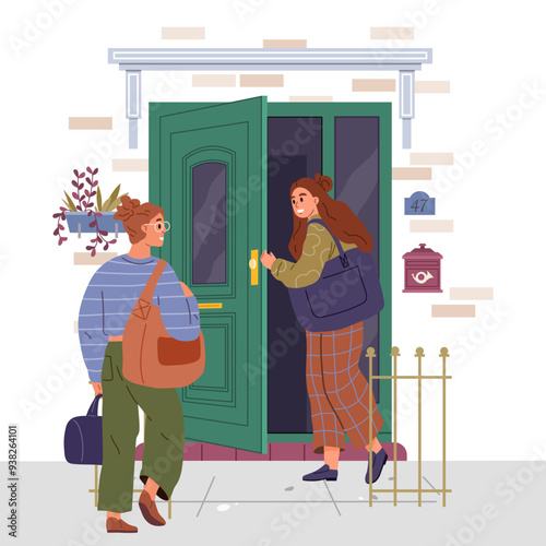 Woman enters house opening door and turning around to look out to say hello and talk to neighbor. Girl stands on porch of dwelling near entrance and says goodbye after walk. People in doorway entrance