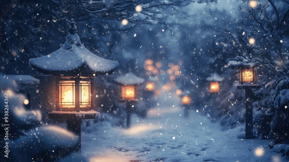 Gently falling snow surrounds glowing lanterns in a serene winter landscape, evoking warmth and tranquility. Gently falling snow surrounds glowing lanterns in a serene winter landscape, evoking warmth and tranquility.