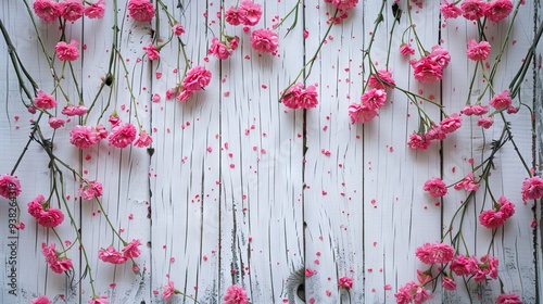 Flowers Composition for Celebration with Pink Plants on Old White Wooden Background. AI generated illustration