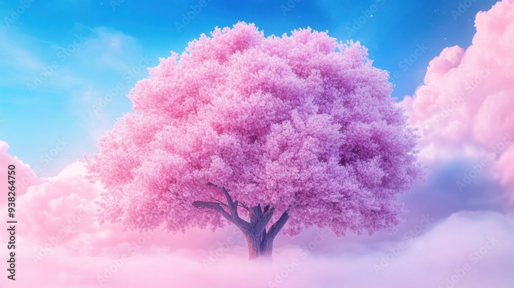 Fototapeta premium A tree with pink leaves is in the sky