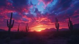 A sunset over a desert with a few cacti in the foreground. The sky is a mix of pink and orange hues, creating a warm and serene atmosphere