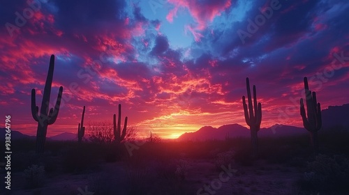 A sunset over a desert with a few cacti in the foreground. The sky is a mix of pink and orange hues, creating a warm and serene atmosphere