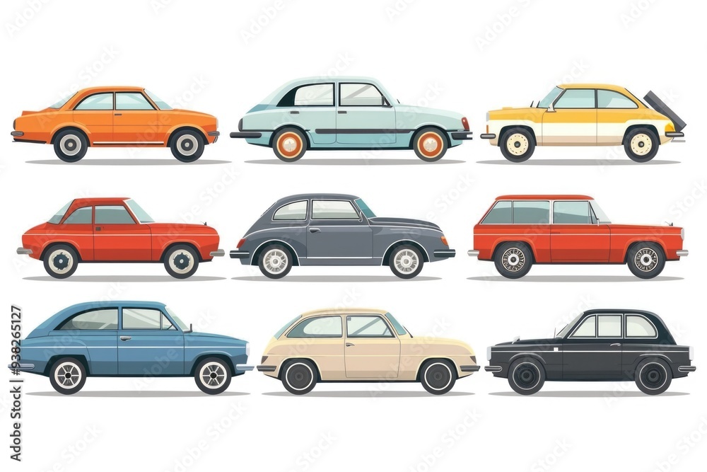 A collection of colorful cars against a clean white backdrop A collection of colorful cars against a clean white backdrop