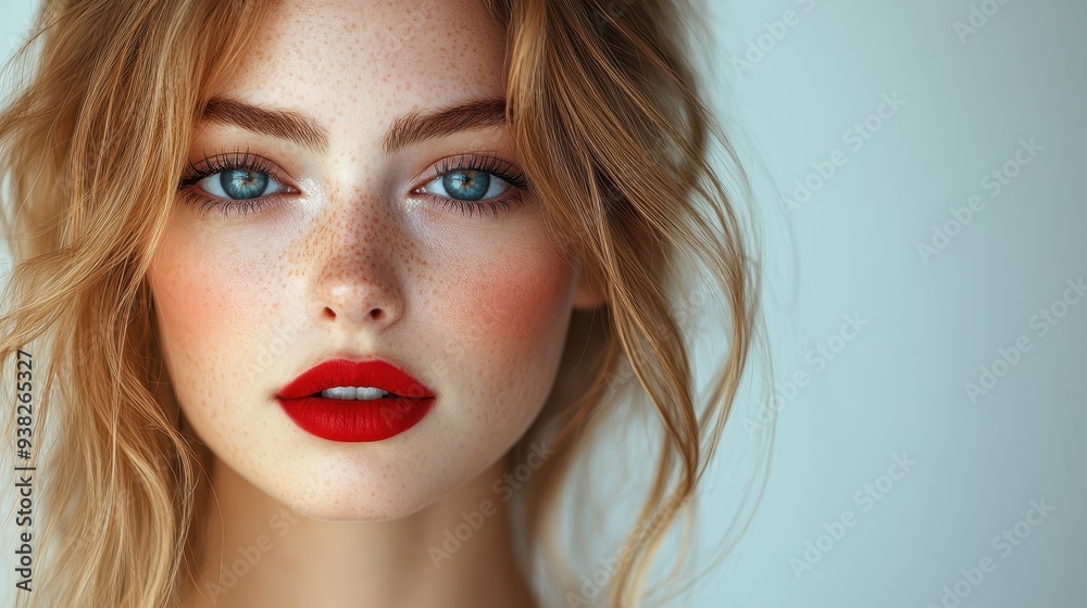 Close-Up Portrait of Stylish Young Woman with Red Lips and Wavy Hair - Beautiful Girl in Bright Makeup Looking at the Camera Against Gray Background
Close-Up Portrait of Stylish Young Woman with Red Lips and Wavy Hair - Beautiful Girl in Bright Makeup Looking at the Camera Against Gray Background