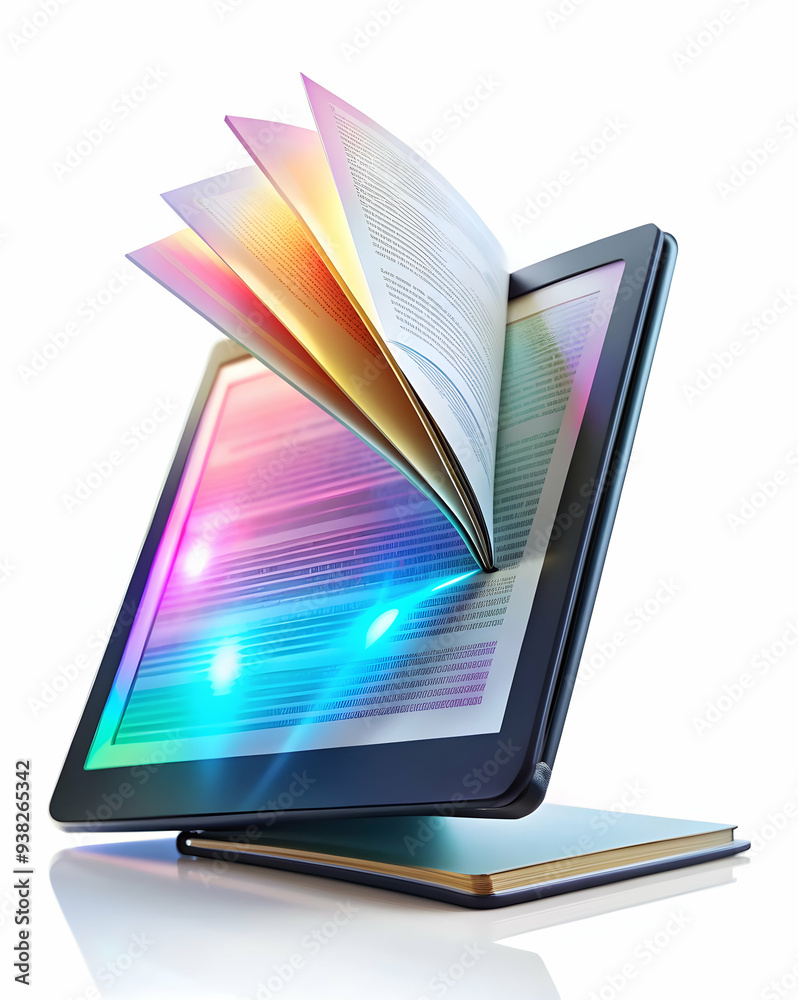 Holographic Ebook Reader with Floating Pages for Online Education Concept on White Background Holographic Ebook Reader with Floating Pages for Online Education Concept on White Background