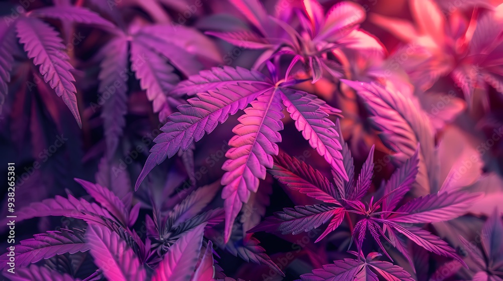 Neon pink light illuminating vibrant purple cannabis leaves, forming a striking and psychedelic abstract design Neon pink light illuminating vibrant purple cannabis leaves, forming a striking and psychedelic abstract design