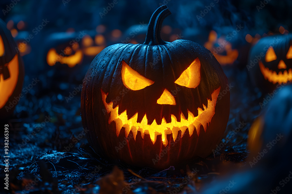 Naklejka premium Spooky Jack-o'-lanterns illuminating a dark night, eerie expressions carved into their orange skin, casting flickering shadows and creating an atmosphere of Halloween fright.