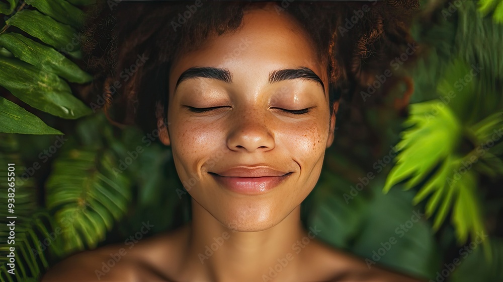 Healthy skin and a peaceful smile define this woman with closed eyes, embodying natural beauty and wellness. Healthy skin and a peaceful smile define this woman with closed eyes, embodying natural beauty and wellness.