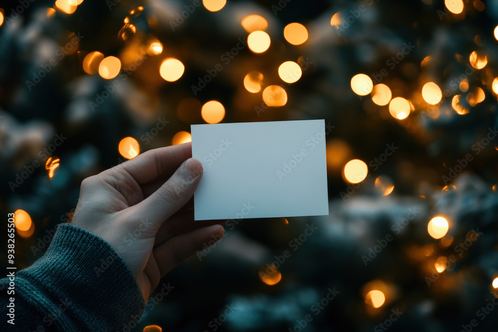 Hand Holding Blank Card Against Festive Lights Background Hand Holding Blank Card Against Festive Lights Background