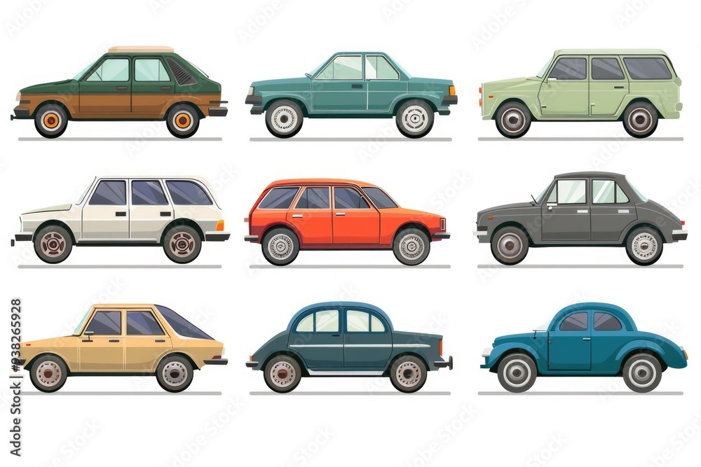 Naklejka premium A set of six different colored cars on a white background, perfect for advertising or graphic design