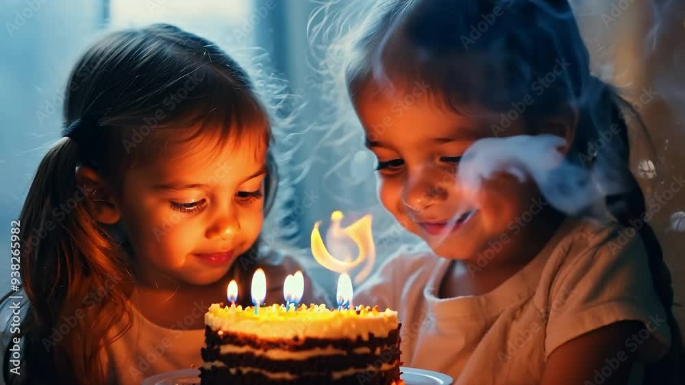 Two little girls blowing out candles on birthday cake