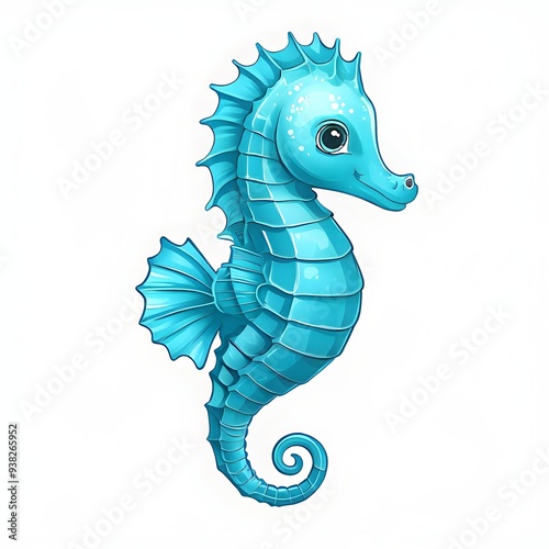 A cute, blue cartoon seahorse with big eyes and a charming smile. The seahorse is isolated against a white background. photo