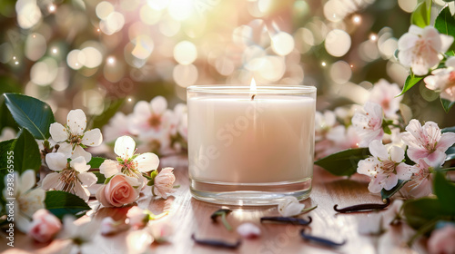 A soothing scented candle exudes inviting aromas of flowers and vanilla, among fresh blooms under soft, shimmering sunlight. Mock up, copy space