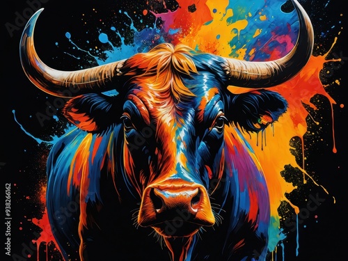Colorful bull head portrait with dynamic splashes of paint in a vibrant artistic style