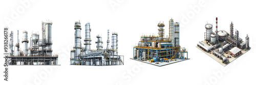 Oil refinery plant with pipelines and tanks  isolated on transparent png background