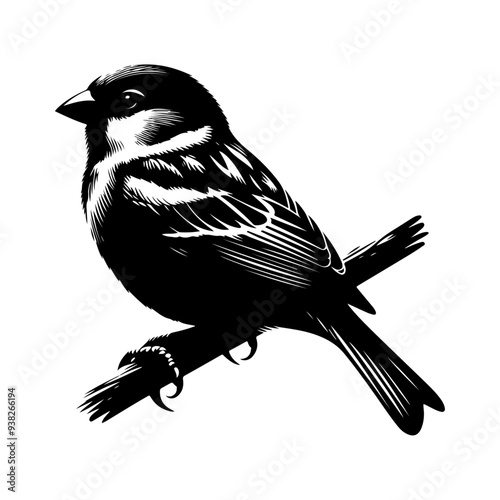 Sparrow silhouette, vector black color silhouette solid white background photo