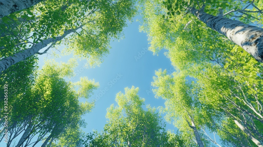 Lush green leaves extend upward to meet a clear blue sky, with slender tree trunks adding depth to the scene. Lush green leaves extend upward to meet a clear blue sky, with slender tree trunks adding depth to the scene.