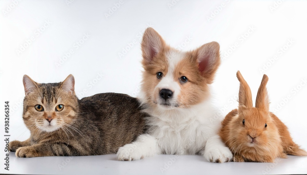 犬と猫とウサギのポートレート（Group of dog and cat　and rabbit portrait white background）
