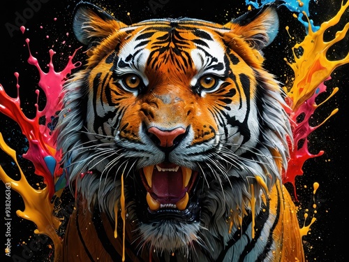 Colorful tiger head portrait with dynamic splashes of paint in a vibrant artistic style photo