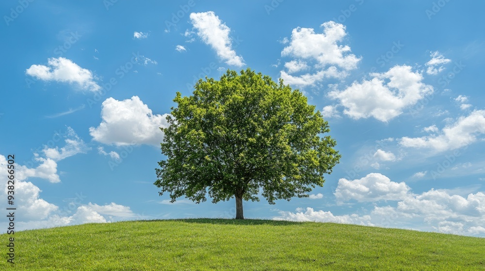 Obraz premium Lush green tree standing tall on a hill, under a clear blue sky dotted with fluffy clouds.