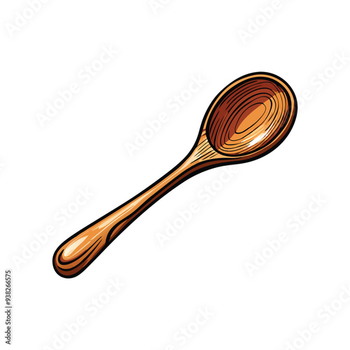 A detailed illustration of a wooden spoon with a smooth finish and a rounded handle.