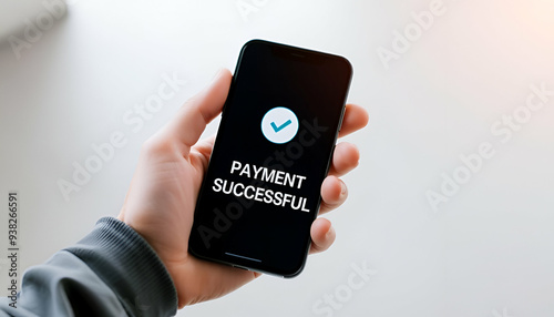 A person's hand holding a smartphone displaying the text "PAYMENT SUCCESSFUL" with a checkmark icon