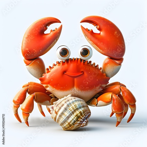 A cheerful cartoon crab with large eyes and a wide smile. The crab's bright orange body contrasts with the white background, creating a playful and vibrant scene. photo