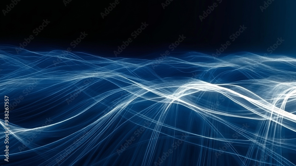 Flowing lines of light create a mesmerizing pattern against a dark background, reminiscent of moving waves. The interplay of blue and white shades lends fluidity and dynamism to the composition. AI Flowing lines of light create a mesmerizing pattern against a dark background, reminiscent of moving waves. The interplay of blue and white shades lends fluidity and dynamism to the composition. AI