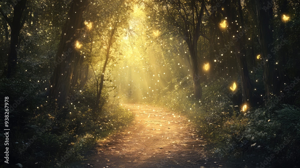 A mystical forest path bathed in soft, enchanting light with floating, magical particles creating a serene ambiance.