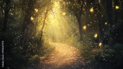 A mystical forest path bathed in soft, enchanting light with floating, magical particles creating a serene ambiance.