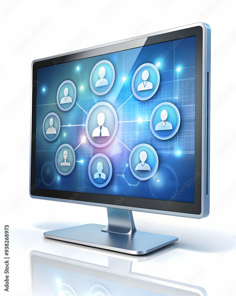 High-Tech Monitor with Holographic Messaging Icons on White Background - Perfect for Virtual Meetings. : Virtual Meeting Monitor with Holographic Messaging Icons. High-Tech Monitor with Holographic Messaging Icons on White Background - Perfect for Virtual Meetings. : Virtual Meeting Monitor with Holographic Messaging Icons.