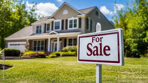 Real estate "For Sale" sign placed on a lawn, with a house and trees visible in the background.