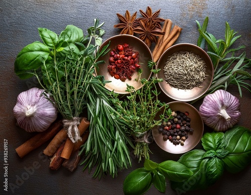 Whimsical Arrangement of Herbs and Spices on Metal Background