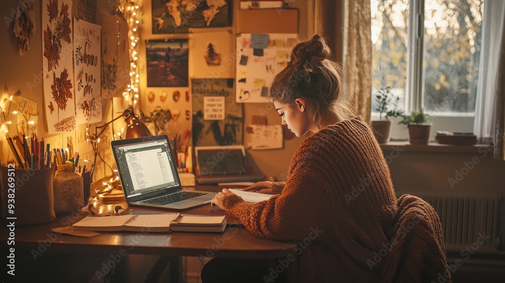 A student sitting at a desk in a cozy study corner, surrounded by notebooks, pencils, and a laptop. The room features autumn-themed posters and fairy lights, creating a warm, productive atmosphere. A student sitting at a desk in a cozy study corner, surrounded by notebooks, pencils, and a laptop. The room features autumn-themed posters and fairy lights, creating a warm, productive atmosphere.