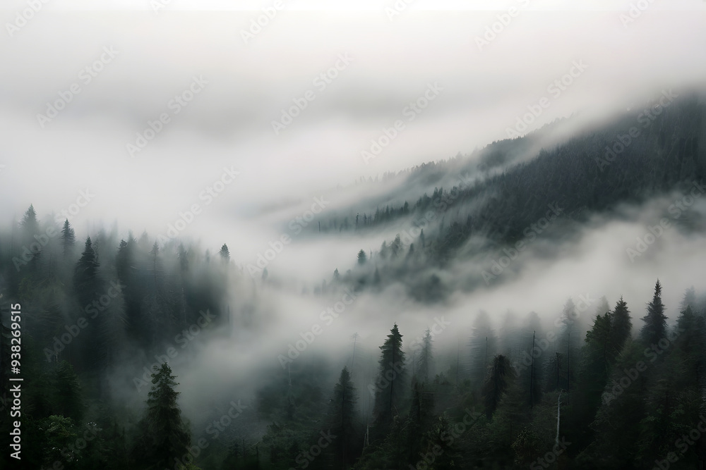 A forest filled with lots of trees covered in fog A forest filled with lots of trees covered in fog