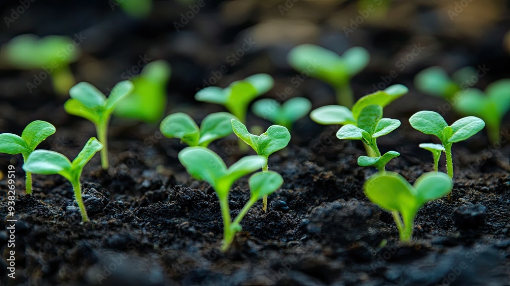 Small green seedlings sprout from dark, moist soil, capturing the essence of life and growth in close-up detail. Small green seedlings sprout from dark, moist soil, capturing the essence of life and growth in close-up detail.