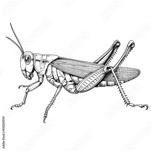 Black and white line drawing of a grasshopper, side view with detailed wings and long legs, no background, clean lines