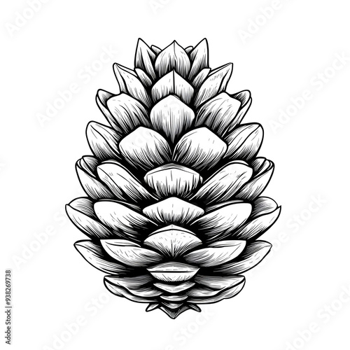 An intricate black and white linear SVG illustration of an autumn pine cone. Suitable for fall or woodland-themed designs, this vector graphic emphasizes sharp lines and minimalistic detail.