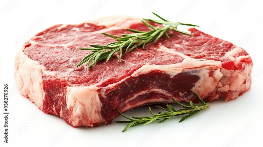 Raw beef steak with rosemary sprigs isolated on white background. Raw beef steak with rosemary sprigs isolated on white background.