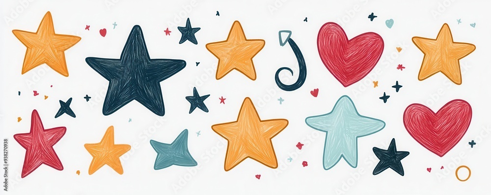 A variety of hand-drawn doodles, including stars, hearts, and swirls, perfect for adding a playful touch, doodles, clipart, white background A variety of hand-drawn doodles, including stars, hearts, and swirls, perfect for adding a playful touch, doodles, clipart, white background