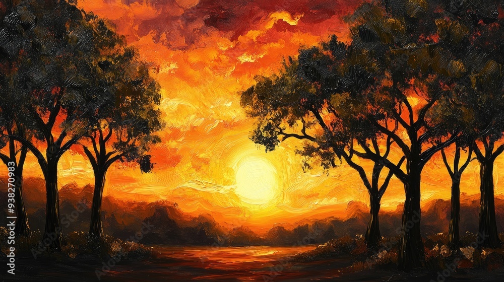 Trees cast in silhouette by the warm, glowing colors of a sunset, creating a peaceful and serene landscape. Trees cast in silhouette by the warm, glowing colors of a sunset, creating a peaceful and serene landscape.