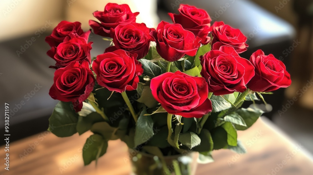 Obraz premium Twelve red roses arranged beautifully, representing romance and timeless love, highlighted by soft lighting.